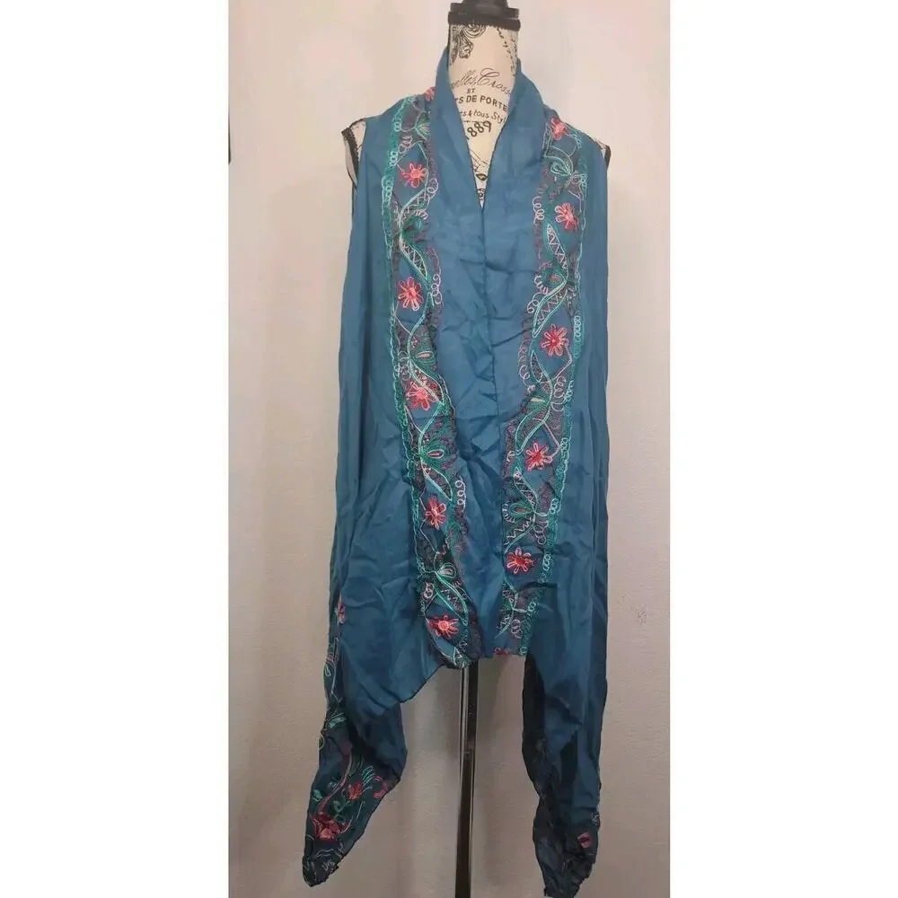 Pretty Angel Kimono Cardigan One Size Linen Blend Floral Embroidered Asymmetric